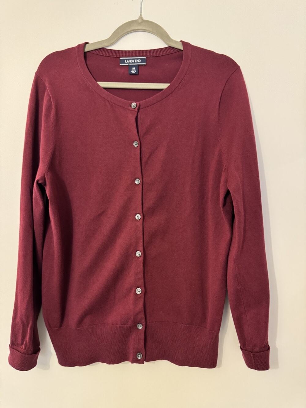 Lands' End Burgundy Button Cardigan Cotton Blend Classic Sweater